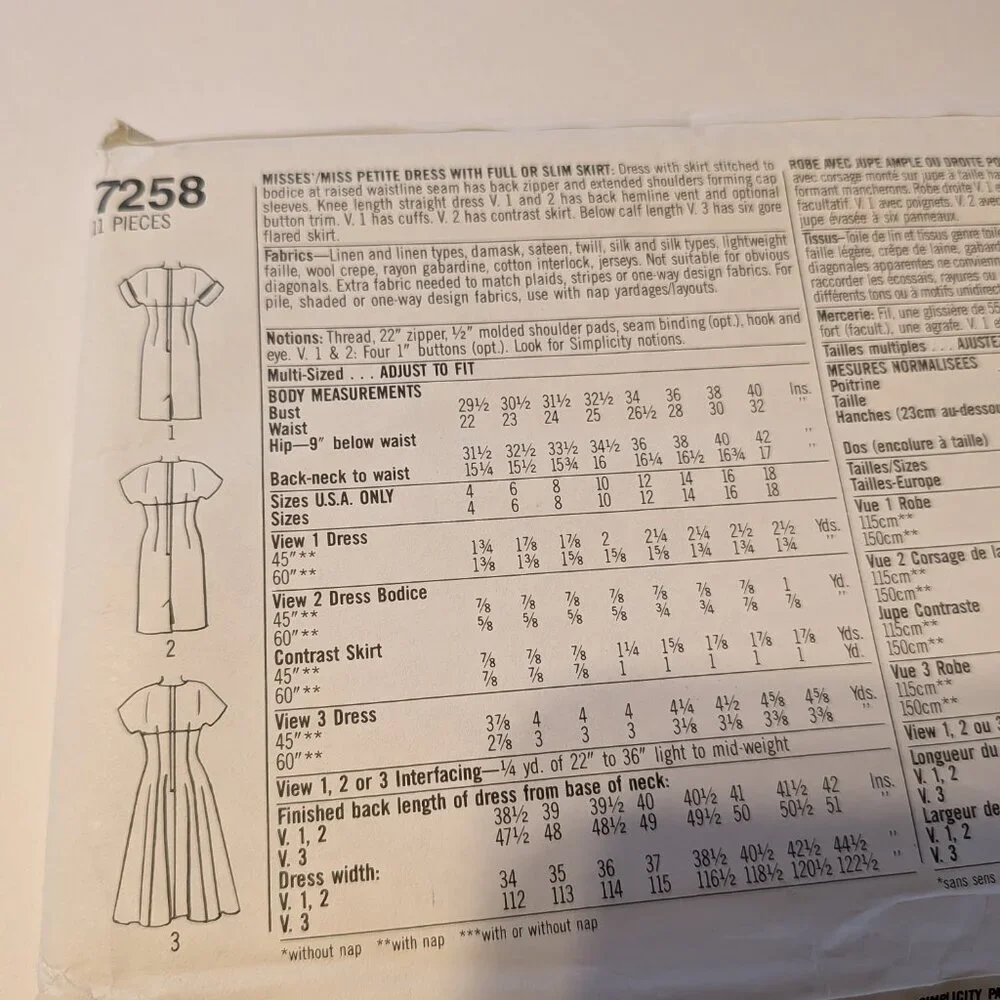 Simplicity 7258 sewing pattern Petite Dress with full or slim skirt UNCUT EASY
